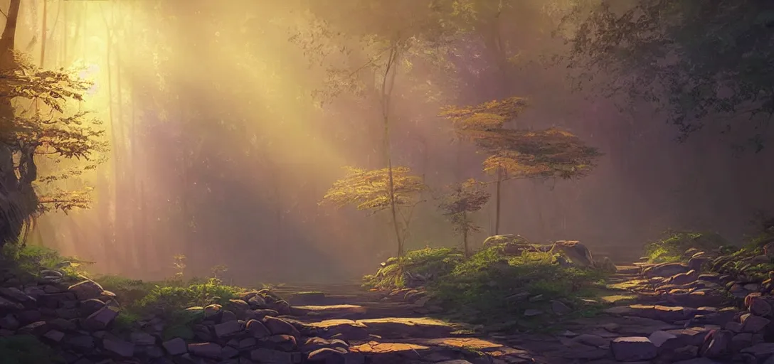 Image similar to concept art by sylvain sarrailh of an abandonned asian temple, inside a asiatic forest, a stone path, sunshafts