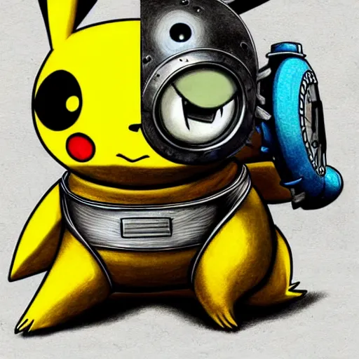 Prompt: Pikachu fighting a robot, steampunk art style, highly detailed, hyper realistic