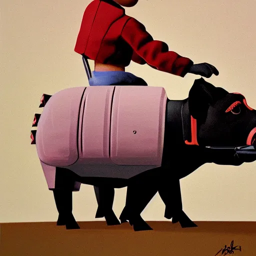 Prompt: retro futuristic boy wearing crown riding on the back of a pig by syd mead Board Painting, high contrast, sharp, 8k