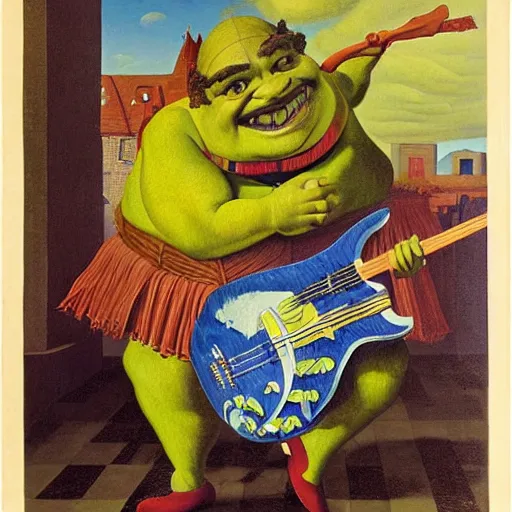 Image similar to Portrait of Jack Black dressed as Shrek, playing Electric Guitar, with beautiful exotic robot. Painting by Jan van Eyck, Audubon, Rene Magritte, Agnes Pelton, Max Ernst, Walton Ford