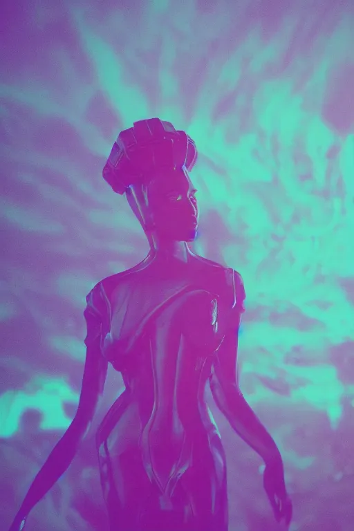 Prompt: a dramatic lighting photo of an elegant alien queen, vaporwave colors,