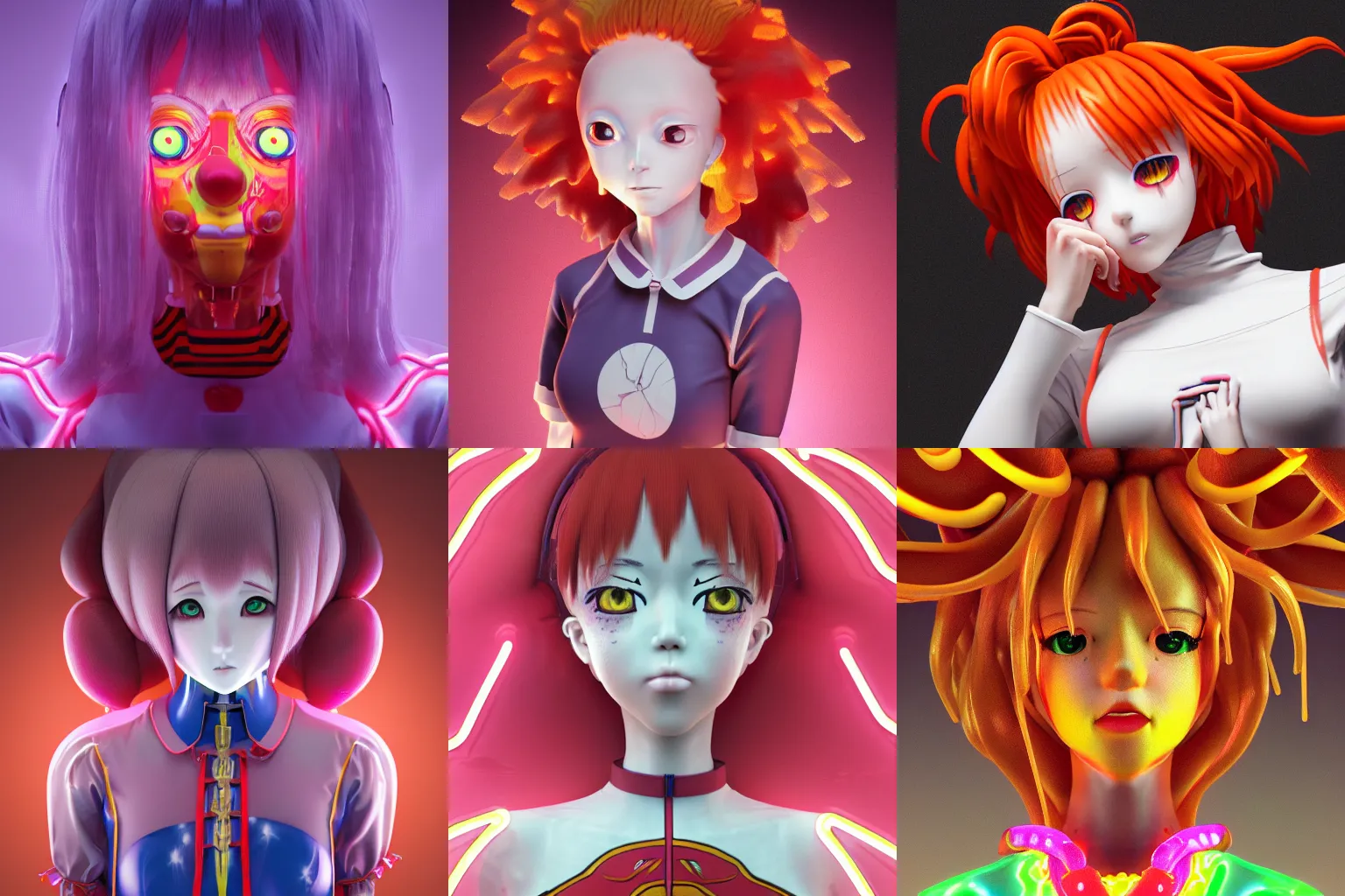 Prompt: intricate anime girl ronald mcdonald, junji ito, ilya kushinov, neon genesis evangelion, jellyfish bio-mechanical, bio-luminescence, octane render, trending on artstation, hyper realism, 8k, fractals, pattern