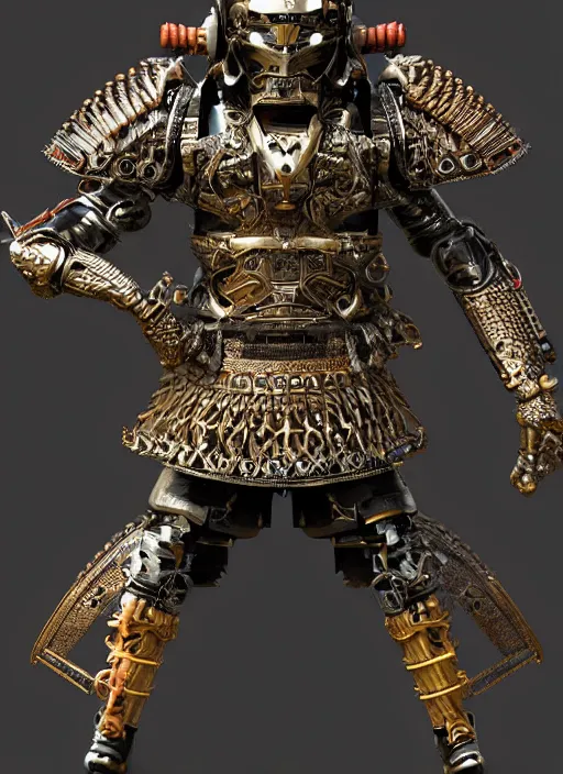 Image similar to hyper realistic glorious ancient samurai in a obsidian metal armor, futuristic design, designed by makoto kobayashi and luca zampriolo, portrait, cyberpunk style, wood and gold details, intricate, extremely detailed, ornate, deep of field, hard surface, exoskeleton, substance designer metal unreal engine. amazing likeness. very detailed.