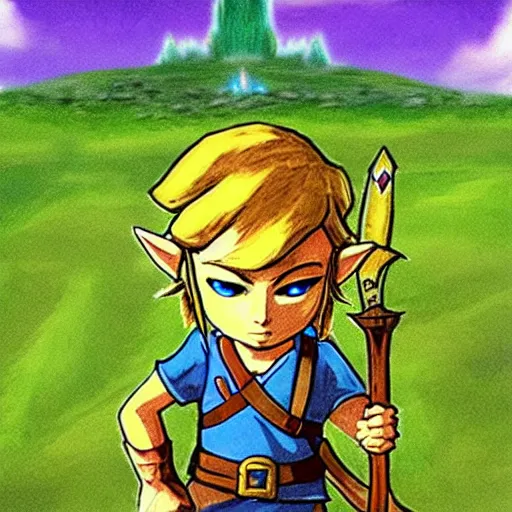 Image similar to the legend of Zelda in the style of American gothic