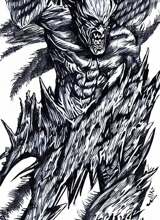 Image similar to pen and ink illustration of a demon monster, blue lightning strikes, agony