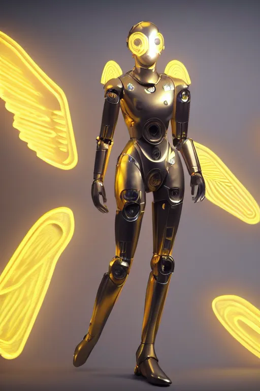 Image similar to maria of metropolis, humanoid robot, golden full body armor, deployed wings, beautiful helmet in the shape of a face, glowing yellow eyes, scifi, futuristic, raytracing, glowwave, sharp focus, cinematic lighting, artstation, divine, unreal engine 5 rendered, by fritz lang, art style by pixar warner bros dreamworks disney riot games and overwatch