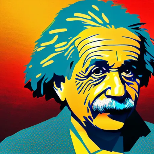 Prompt: high detailed portrait of albert einstein, pop art, teal and gold colors, artstation, digital illustration