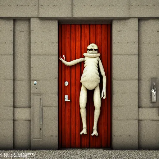 Prompt: photography, 3 d render, monster, door, sand