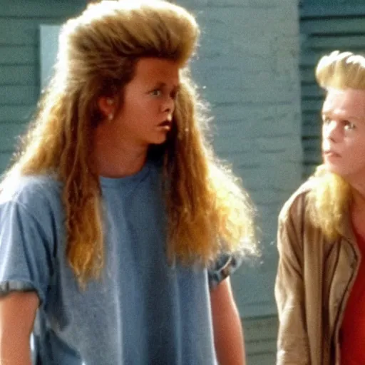 Prompt: live action movie still of teenage actors in their roles as beavis and butthead