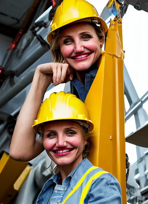 Image similar to closeup portrait of cheerful young cameron diaz as a crane operator, yellow hardhat, sitting in a crane, natural light, bloom, detailed face, magazine, press, photo, steve mccurry, david lazar, canon, nikon, focus