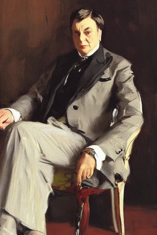 Image similar to “portrait of Barry Humphries, dressed in beautifully tailored clothes, seated, by John Singer Sargent”