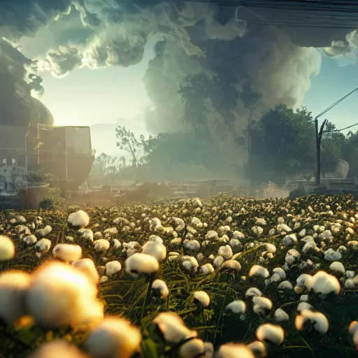 Prompt: huge explosion in the form of cotton plants, beautiful dynamic lighting, cinematic, extremely high detail, photo realistic, cinematic lighting, post processed, concept art, artstation, matte painting, unreal engine 8k