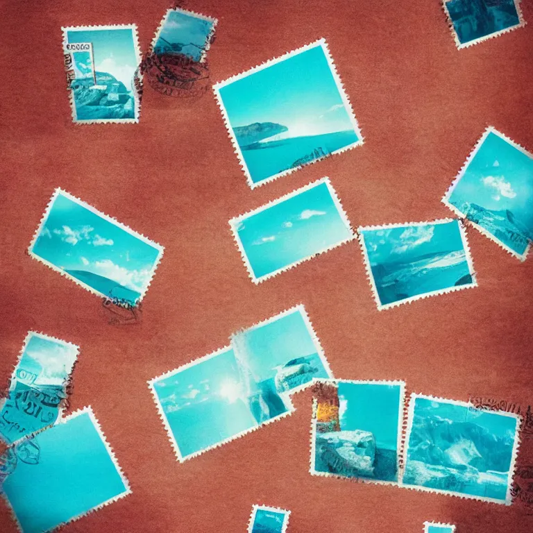 Image similar to stamps of a turquoise canyon, film, soft lighting, album art