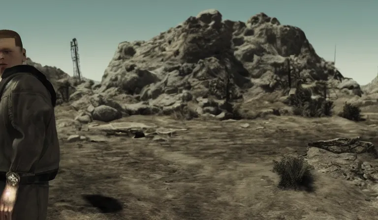 Prompt: Yung Lean in a cutscene from Fallout New Vegas, wide shot, low angle, screenshot