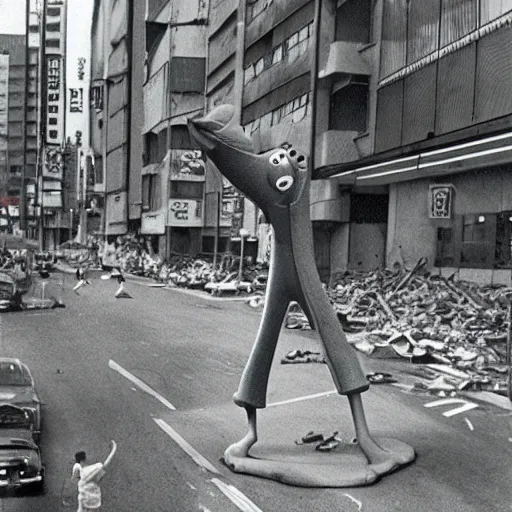 Prompt: gumby destroying tokyo in 1 9 6 5