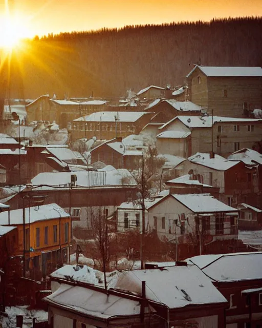 Prompt: sunrise in siberia ; small town ; panel houses ; russian sadness ; cinematic light ; photorealistic ; kodak portra