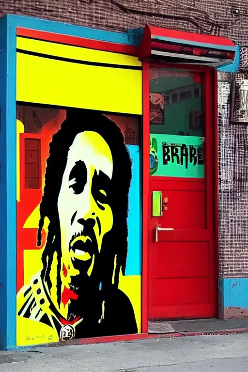 Prompt: bob marley sittin in front of barber shop!!! pop art, pixel, bioshock, gta chinatown, artgerm, richard hamilton, mimmo rottela, julian opie, aya takano, avoid duplicate!!!, avoid redudance!!!