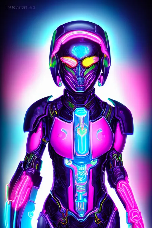 Image similar to portrait of a girl with a biomechanic armor and neon light by Lisa Frank, digital painting, highly detailed, trending on artstation