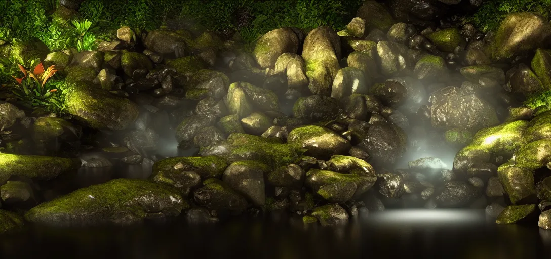 Image similar to beautiful view of the bottom of a rocky forest waterfall at night, glowing water with caustics, calm, dark atmosphere, dappled light, reflections, bubbles, refraction, symmetry, cinematic lighting, ultra detailed, sharp, ambient occlusion, bloom, raytracing, by dylan cole, sebastian meyer and jordan grimmer