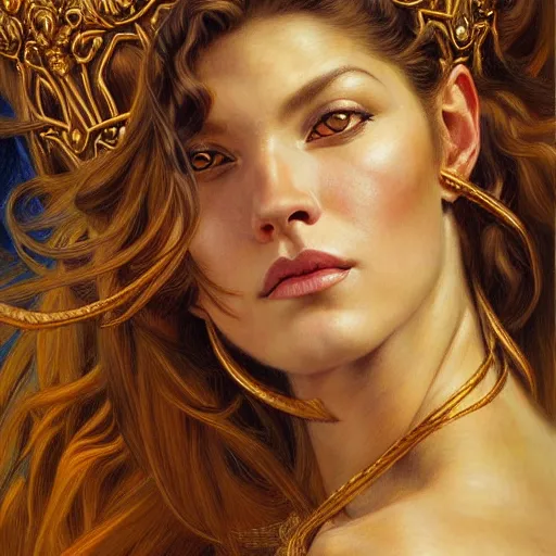 Image similar to highly detailed portrait of a majestic lioness queen in the form of a beautiful woman. d & d. art by donato giancola, eugene delacroix, anna dittmann, alberto vargas. trending on artstation, intricate details, energetic composition, golden ratio, concept art, illustration, elegant art, global illuminaition