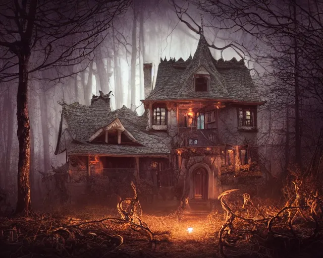 Image similar to the scariest witches house with giant snakes on the roof, in the scariest dark forest, epic scene, dark, scary, horror, frightening, fantasy, cinematic, redshift render, cgi, hyper - detailed, photo - bash, 8 k post - production, masterpiece, in the style of greg rutkowski