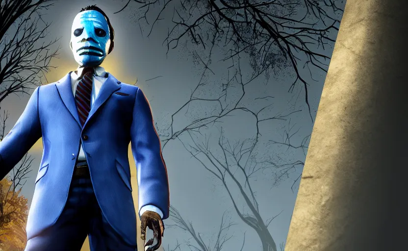 Image similar to cinematic view of a dead by daylight killer lawyer wearing a blue business suit, character portrait, digital art