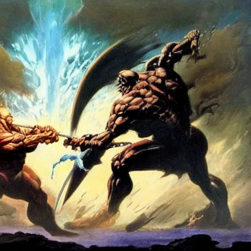 Prompt: an epic duel in the abyss, frank frazetta style