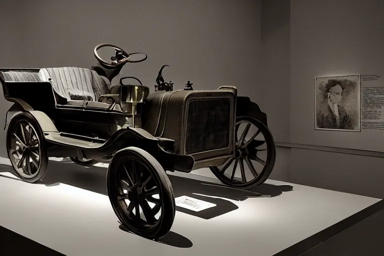 Image similar to cyberpunk 1 9 0 8 model ford t, volumetric lighting, in a museum, museum exhibit, museum lighting, 9 0 s film photo