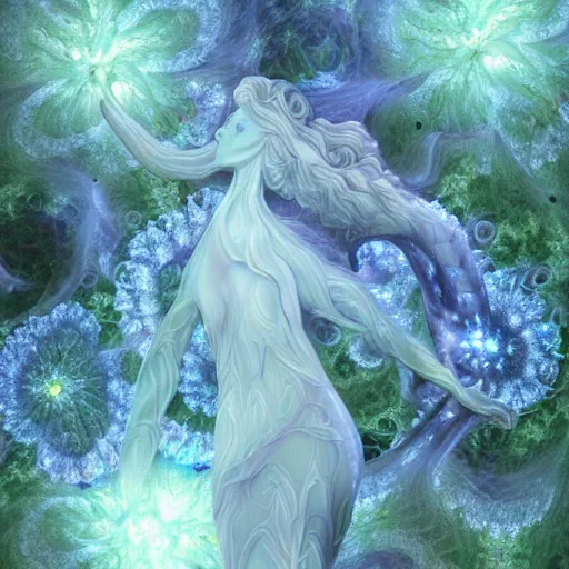 Image similar to glowing delicate flower and mushrooms that grow in a dark fatansy forest on the planet Pandora, an idealistic marble statue with fractal flowery hair in a fractal garden, symmetrical,