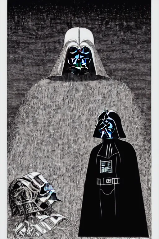 Prompt: horror death darth vader laurie greasley and rene magritte, etching by gustave dore