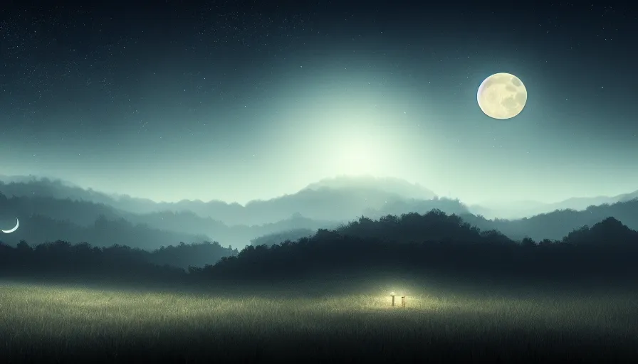 Image similar to a beautiful landscape at night, big moon on the right, stars in the sky, matte painting, dark blue tones, concept art, 4 k