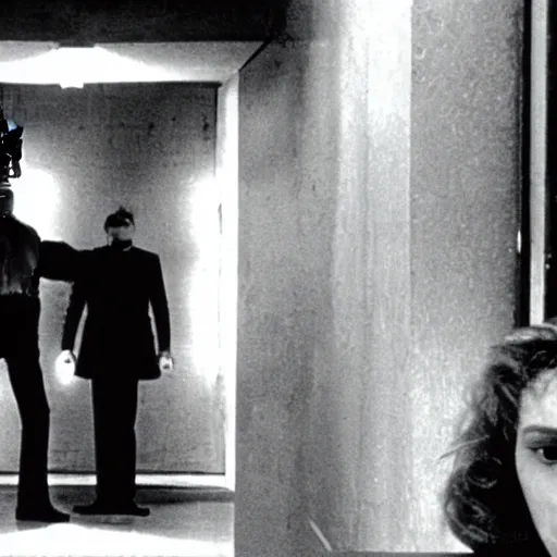 Image similar to a man and a robot, moment of jealousy, movie still, Movie by Andrzej Zulawski and David Lynch