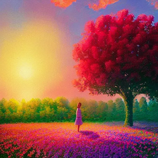 Image similar to girl made of flowers, standing in a flower field, big trees, sunrise dramatic light, impressionist painting, colorful clouds, digital painting, pointillism, artstation, simon stalenhag