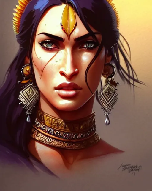 Prompt: indian warrior, megan fox, detailed perfect face, exquisite details, nose ring piercing!!!!, wind magic, mid view, design on a white background, by studio muti, greg rutkowski makoto shinkai takashi takeuchi studio ghibli