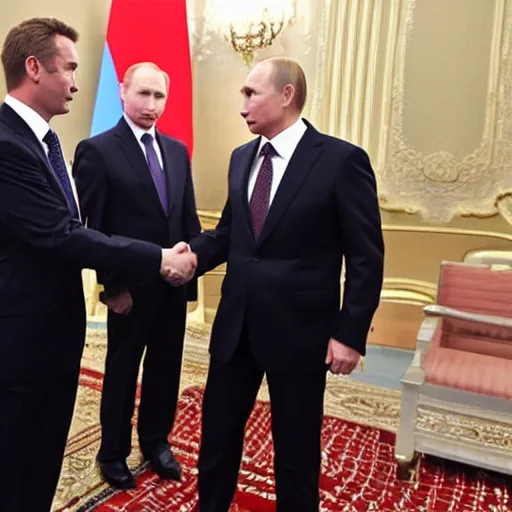 Prompt: putin shaking hands with billy herrington, political tv programme