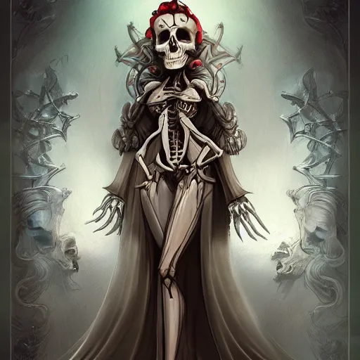 Prompt: a beautiful feminine necromancer raising the dead, illustration, skeleton, character design by nixeu, artstation, 2 d cg