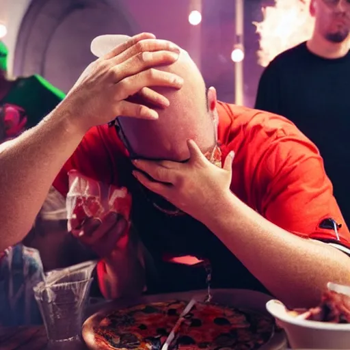 Image similar to fred durst puking on a pizza at a birthday party, woman looking disgusted in the background, 4 k,