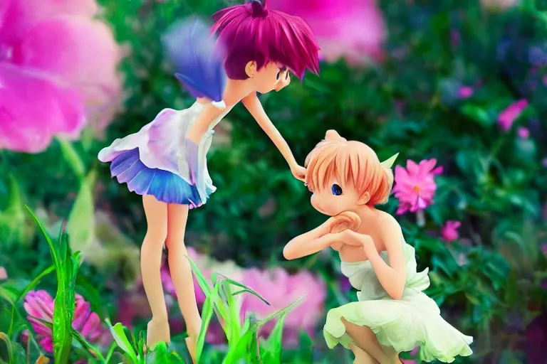 Image similar to (small anime Tinkerbell) kissing a big flower, hyper realism, macro shot