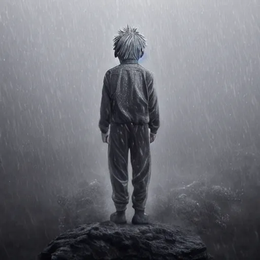 Prompt: killua hxh made by zdzisław beksinski, thunder bolts, 8 k, detailed, cinematic, rain, crying, black, suit