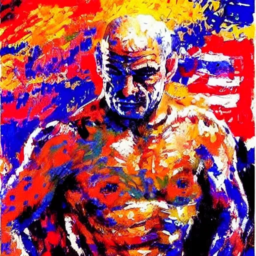 Prompt: bas rutten by leroy neiman, intricate, ultra detailed painting, atmospheric lighting, golden hour