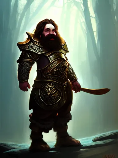 Image similar to a dwarf cleric dnd character, ornamented armor, oil painting, Tooth Wu, Greg Rutkowski, RPG portrait, dynamic lighting, fantasy art, High contrast, depth of field