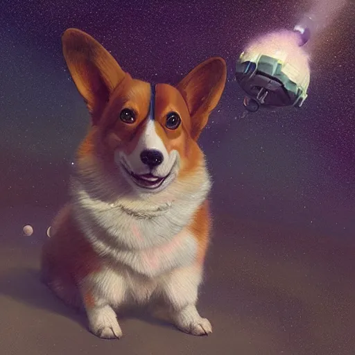 Prompt: cute corgi in outer space, lifelike, hyperrealistic, extremely detailed digital illustration, greg rutkowski, artgerm, moebius, ruan jia, simon stalenhag, makoto shinkai, award - winning, masterpiece