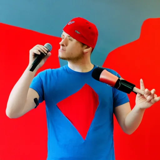 Image similar to a full body shot of an average white, short young - adult man with blue dyed hair holding a microphone, wearing a red backwards cap, white t - shirt with a red no symbol on it, blue long pants and red shoes