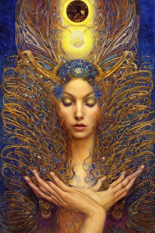 Image similar to Visions of Paradise by Karol Bak, Jean Deville, Gustav Klimt, and Vincent Van Gogh, visionary, otherworldly, radiant halo, fractal structures, infinite angelic wings, ornate gilded medieval icon, third eye, spirals, heavenly spiraling clouds with godrays, airy colors