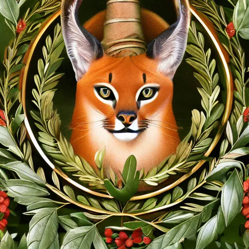 Prompt: caracal, laurel wreath on his head, in laurel wreath, dressed in laurel wreath, has a laurel wreath, cinematic, high detail, cinematography, vfx, 8 k