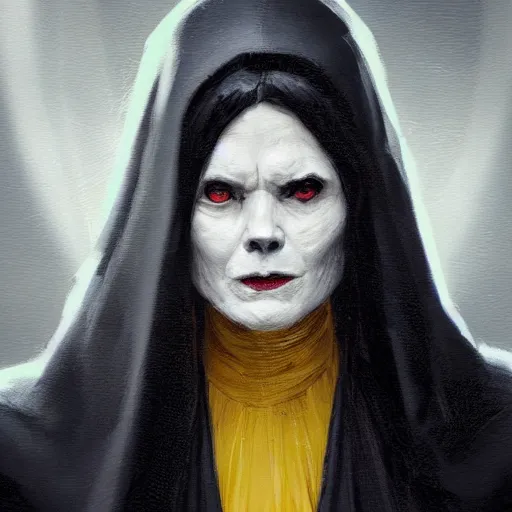 Image similar to portrait of a woman by greg rutkowski, a woman with yellow skin, black lips wearing black robes and a hodd, evil energy, star wars expanded universe, she is about 6 0 years old, highly detailed portrait, digital painting, artstation, concept art, smooth, sharp foccus ilustration, artstation hq