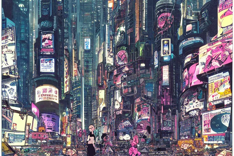 Image similar to an intricate, awe inspiring cyberpunk illustration of a girl with balloon, Times Square, by masamune shirow and katsuhiro otomo ((colorful))