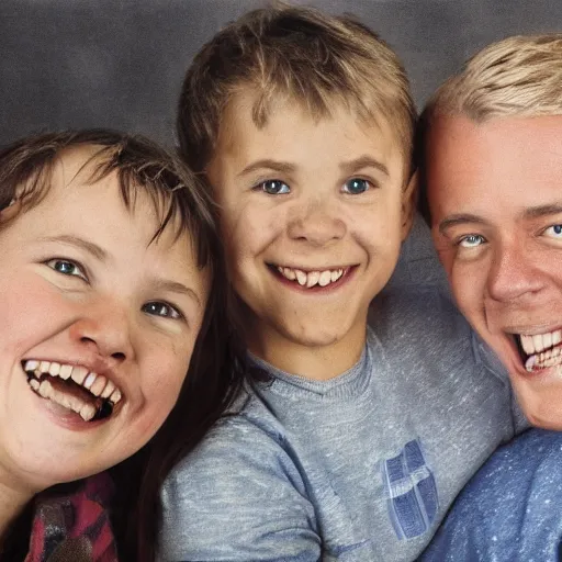 Prompt: family portrait studio of ugly family big rond eyes bad rotten teeth and smile, horrible scary family laughter by Douggy Pledger, grainy image