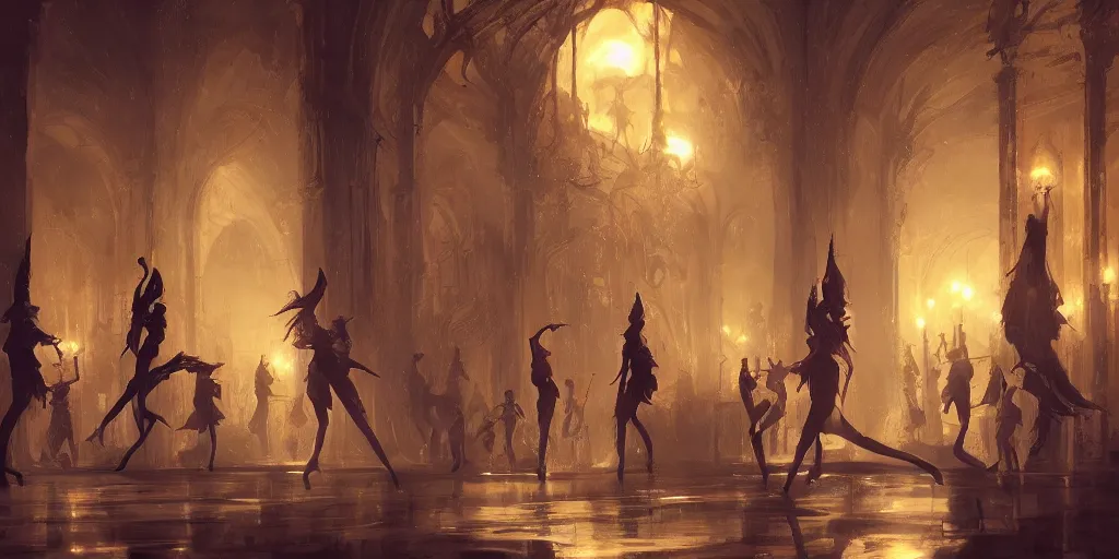 Image similar to beautiful render of a ballroom, concept art, some dancers, at night, medieval!!, very bright, artstation, detailled, manga!, fantasy! by greg rutkowski