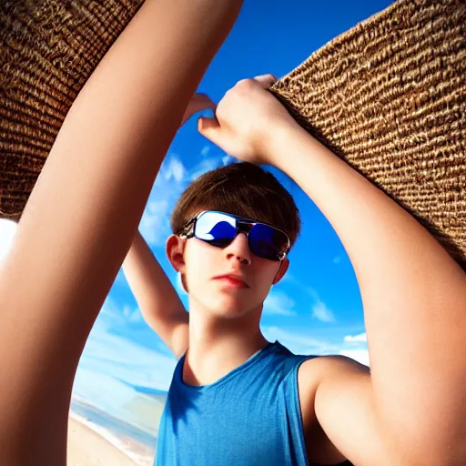 Prompt: portrait of a curvy teenage boy around 2 0 yo. detailed face. tanktop, sunglasses. beach background.